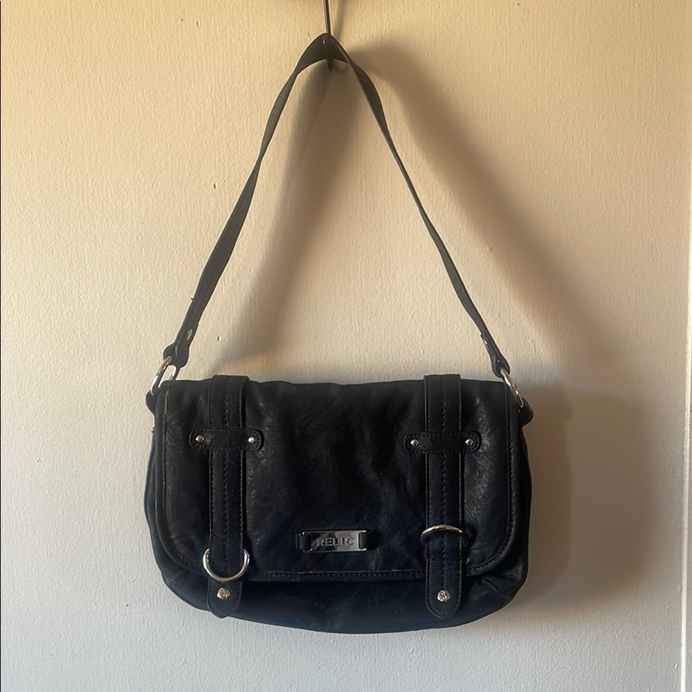 Relic Black Shoulder Bag with Glossy Finish